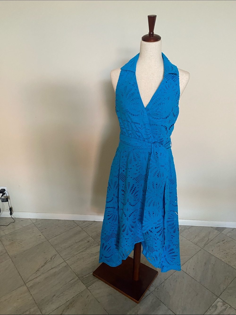 Boston Proper Bright Blue Halter Eyelet Wrap Midi Dress